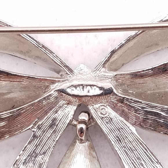 Vtg Avon Brooch Tied Bow Silver Tone Marcasite Pink Teardrop Dangle Rhinestone - Picture 3 of 5